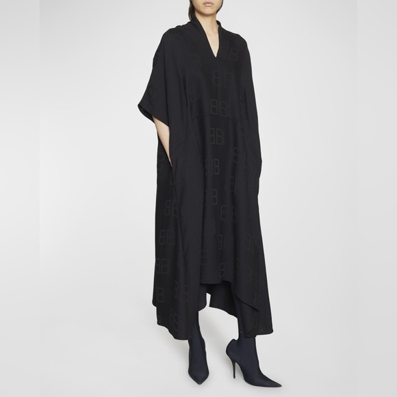 Balenciaga BB Monogram Jacquard Black Oversized V-Neck Shift Dress Size 3 Large - Picture 1 of 16